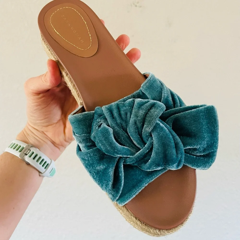 Zara Teal Velvet Knot Slide Sandals - Picture 3 of 7